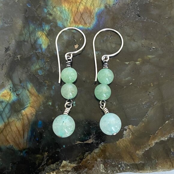 Sterling Silver 925 Round Green Aventurine Beaded Dangle Drop Earrings - Picture 11 of 16